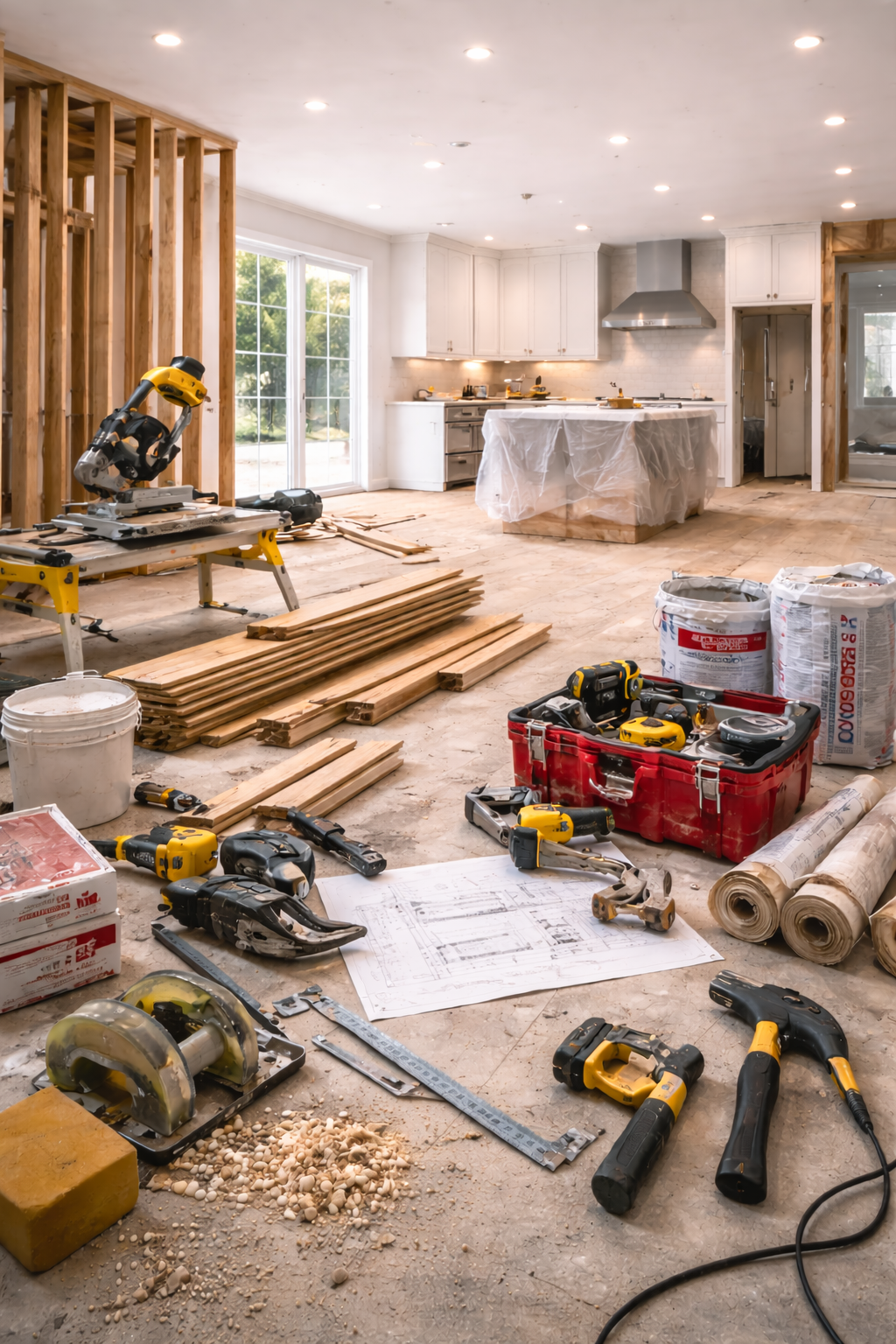 Complete home renovation with construction tools and materials